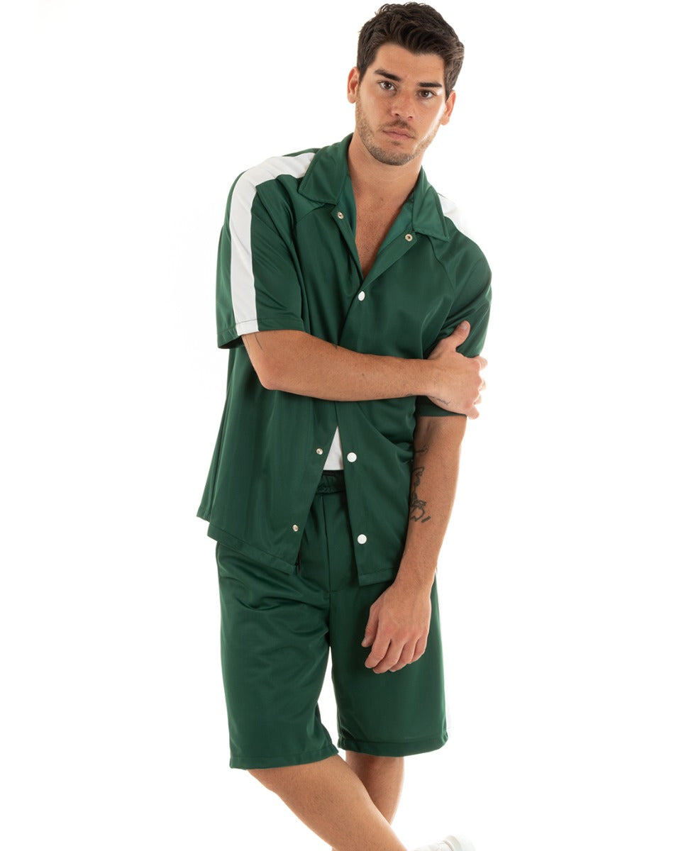 Completo Set Coordinato Uomo Viscosa Camicia Con Colletto Bermuda Outfit Verde GIOSAL-OU2364A