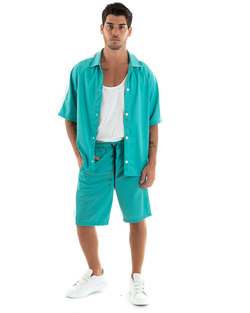 Complete Coordinated Set for Men Viscose Shirt with Bermuda Collar Outfit Turquoise GIOSAL-OU2365A