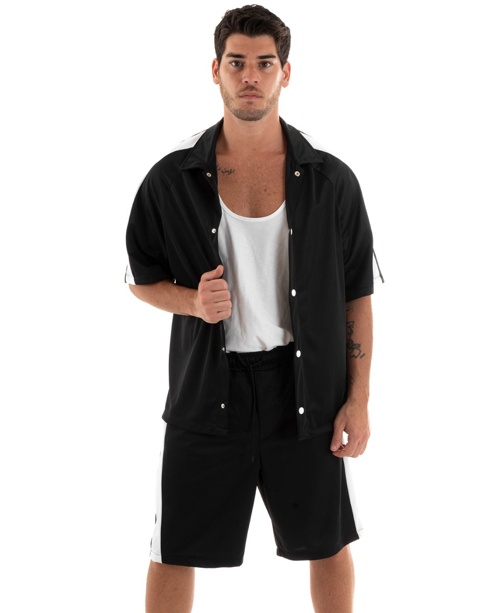 Completo Set Coordinato Uomo Viscosa Camicia Con Colletto Bermuda Outfit Nero GIOSAL-OU2366A