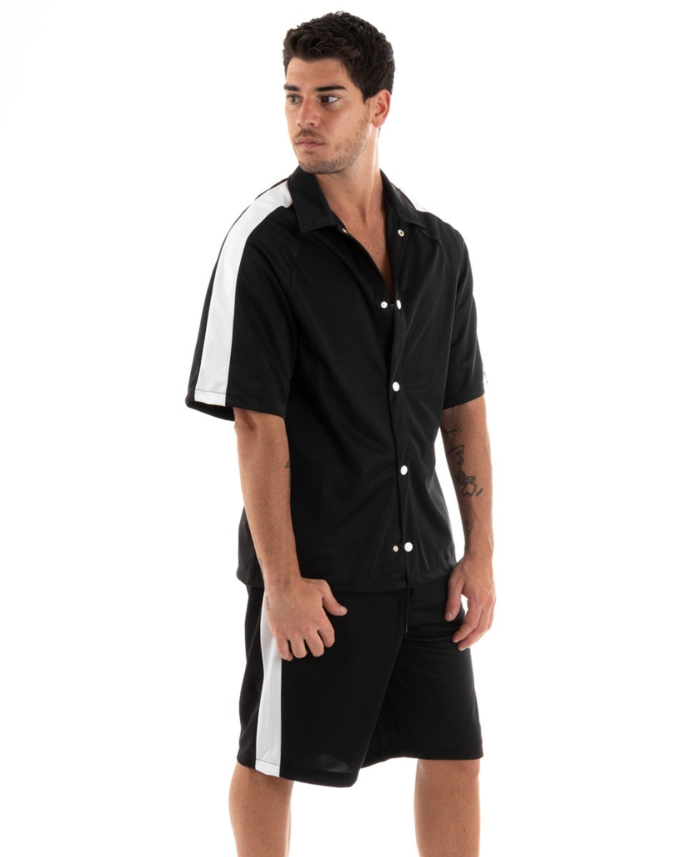 Completo Set Coordinato Uomo Viscosa Camicia Con Colletto Bermuda Outfit Nero GIOSAL-OU2366A