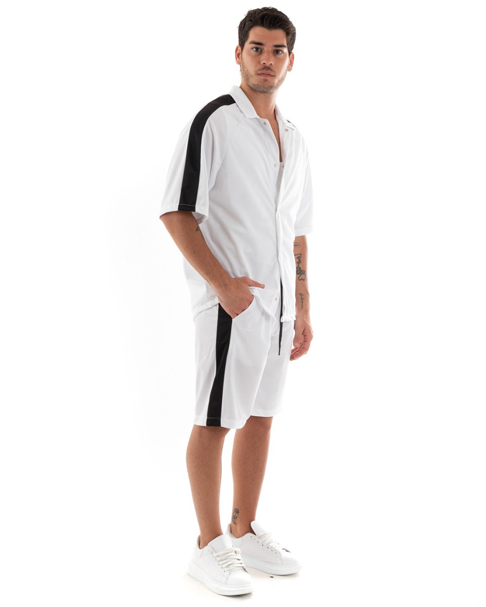 Completo Set Coordinato Uomo Viscosa Camicia Con Colletto Bermuda Outfit Bianco GIOSAL-OU2367A
