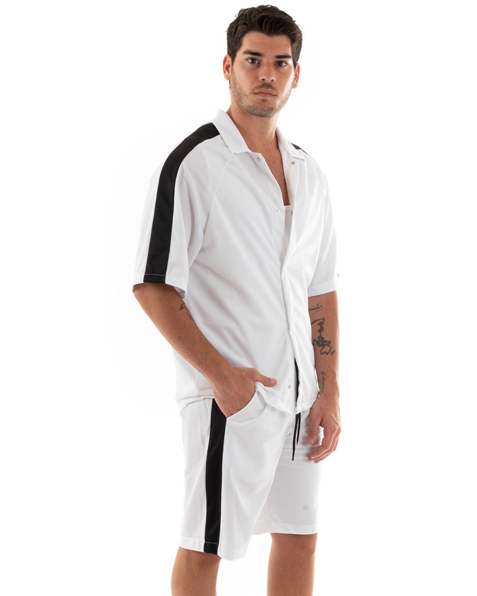 Completo Set Coordinato Uomo Viscosa Camicia Con Colletto Bermuda Outfit Bianco GIOSAL-OU2367A