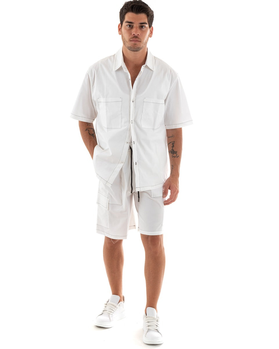 Completo Set Coordinato Uomo Cotone Camicia Con Colletto Bermuda Cargo Outfit Bianco GIOSAL-OU2368A