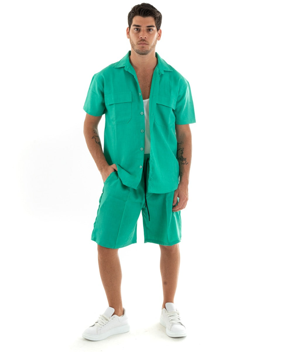 Completo Set Coordinato Uomo Viscosa Camicia Con Colletto Bermuda Outfit Verde Menta GIOSAL-OU2370A