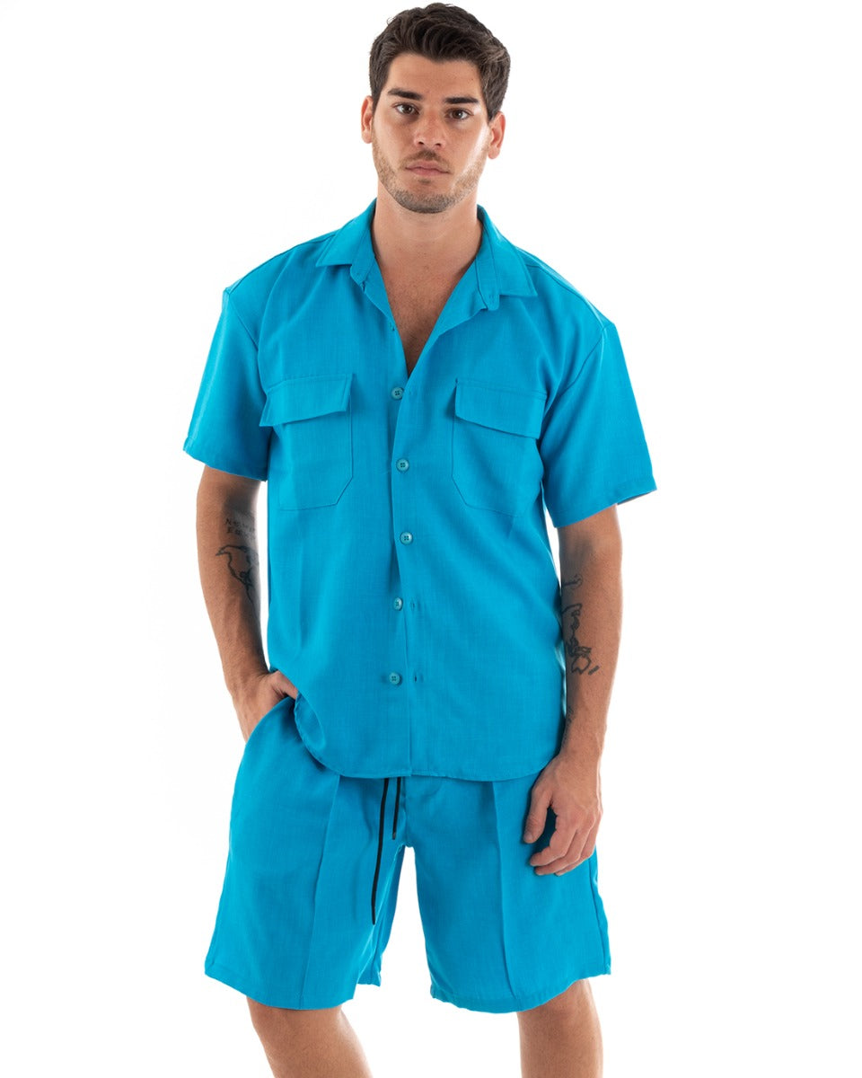 Complete Coordinated Set for Men Viscose Shirt with Bermuda Collar Outfit Turquoise GIOSAL-OU2371A