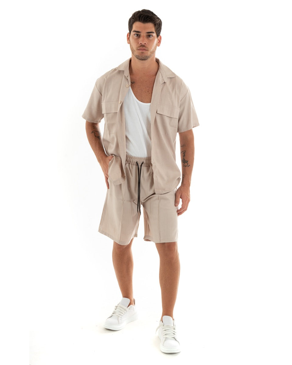 Completo Set Coordinato Uomo Viscosa Camicia Con Colletto Bermuda Outfit Beige GIOSAL-OU2372A