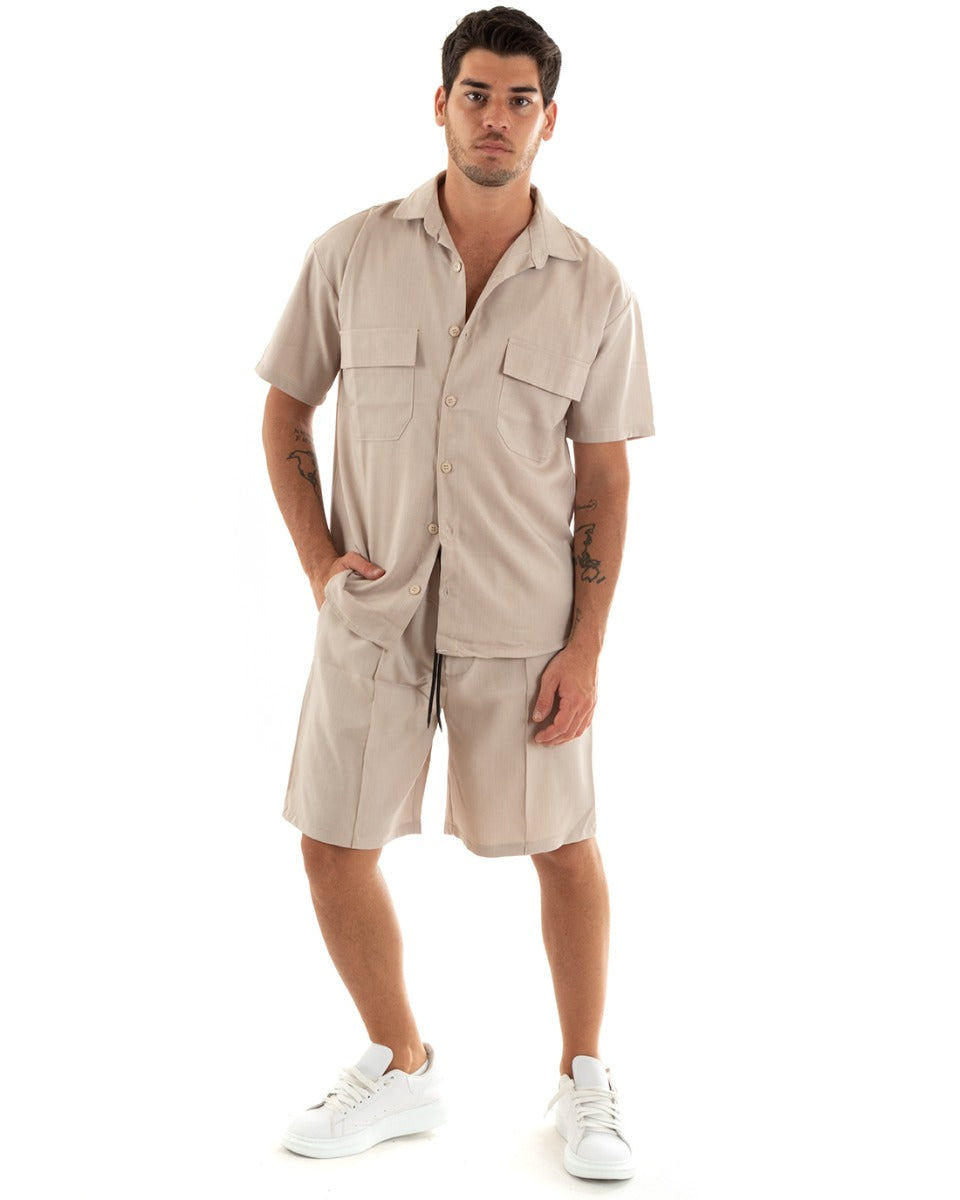 Completo Set Coordinato Uomo Viscosa Camicia Con Colletto Bermuda Outfit Beige GIOSAL-OU2372A