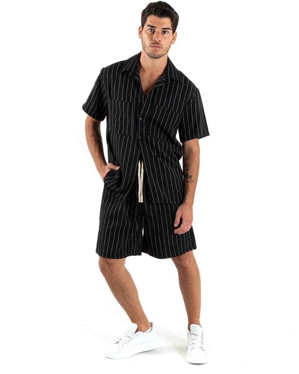 Complete Coordinated Set for Men Viscose Striped Black Pinstripe Shirt with Bermuda Collar GIOSAL-OU2373A