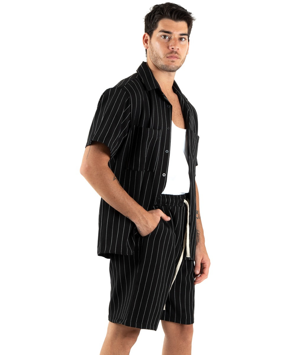 Complete Coordinated Set for Men Viscose Striped Black Pinstripe Shirt with Bermuda Collar GIOSAL-OU2373A