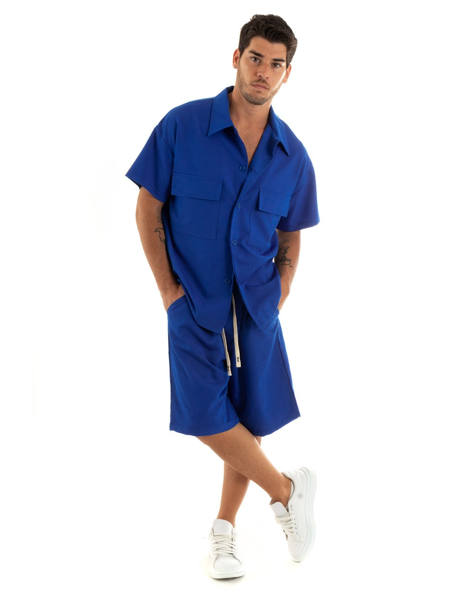 Complete Coordinated Set for Men Viscose Shirt with Bermuda Collar Outfit Royal Blue GIOSAL-OU2377A