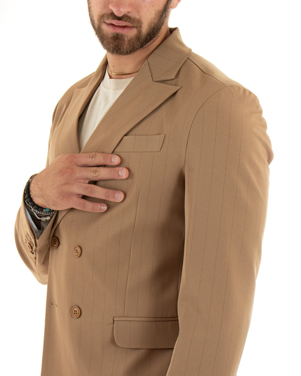Double-Breasted Men's Suit Viscose Suit Jacket Trousers Camel Striped Pinstripe Elegant Ceremony GIOSAL-OU2380A