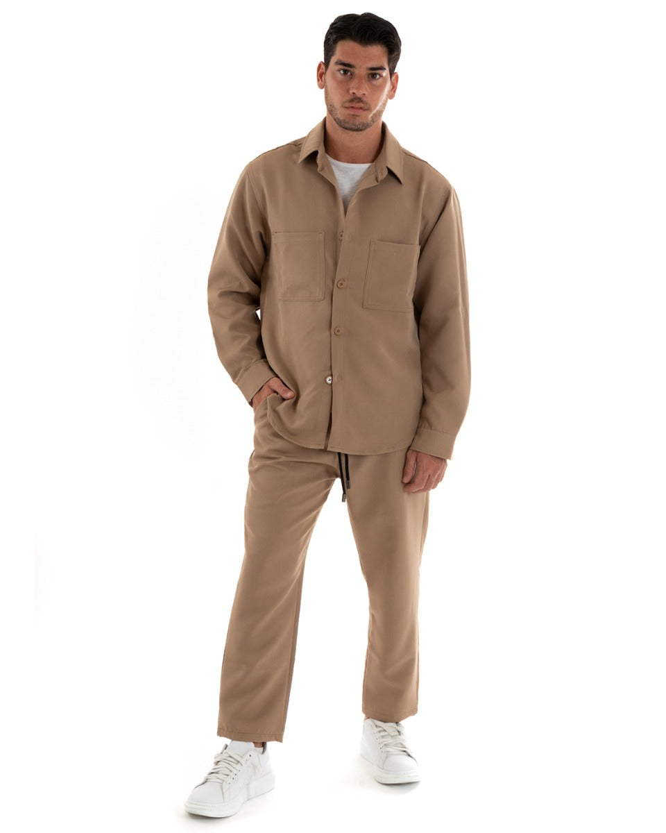 Completo Set Coordinato Uomo Viscosa Camicia Con Colletto Pantaloni Outfit Camel GIOSAL-OU2386A