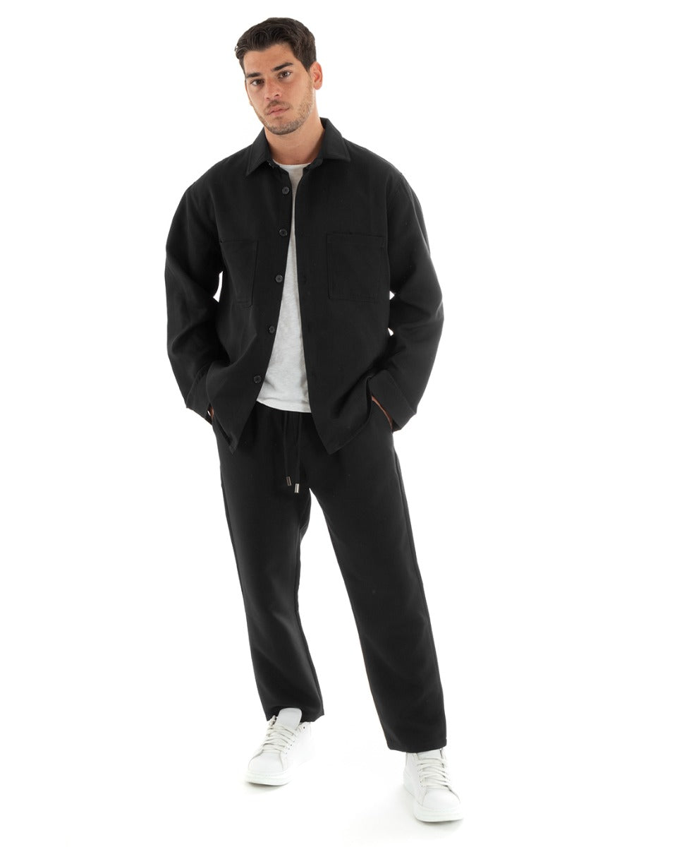 Completo Set Coordinato Uomo Viscosa Camicia Con Colletto Pantaloni Outfit Nero GIOSAL-OU2389A