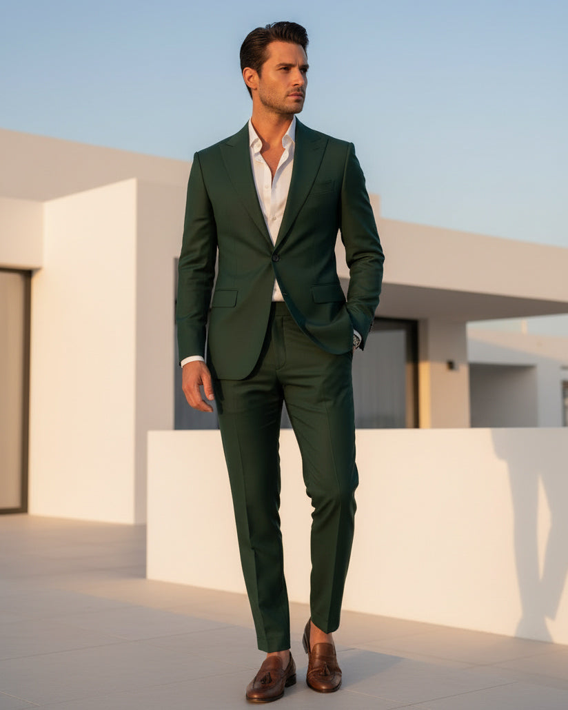 Abito Uomo Monopetto Vestito Viscosa Completo Giacca Pantaloni Verde OU2434A
