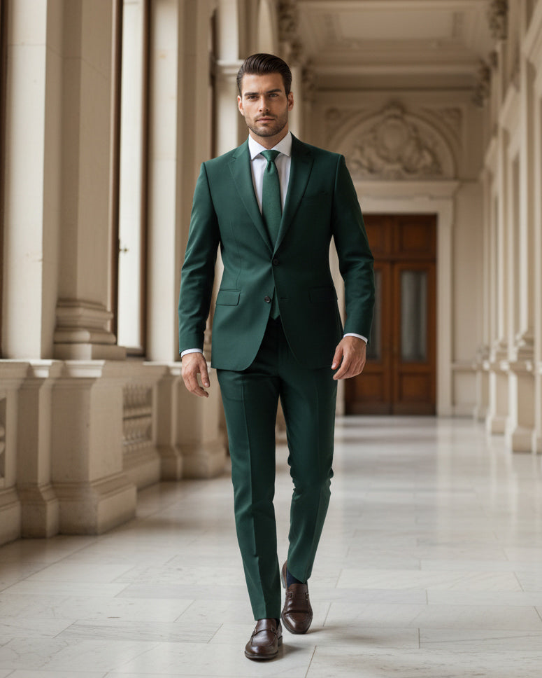 Vista frontale completo uomo verde monopetto slim fit giacca sartoriale