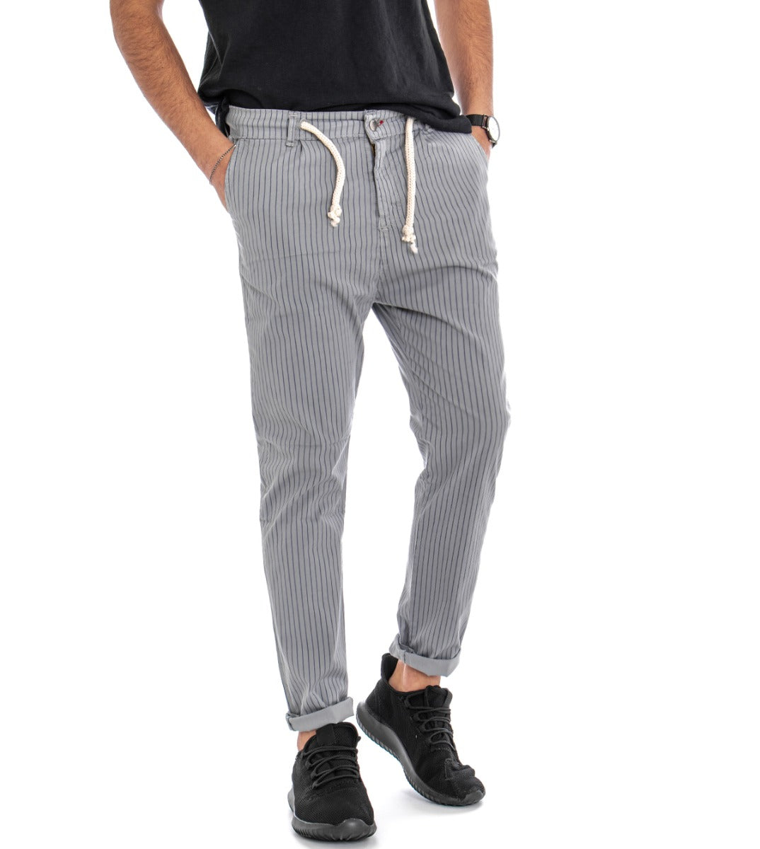 Men's America Pocket Striped Gray Striped Slim Casual Low Crotch Trousers GIOSAL