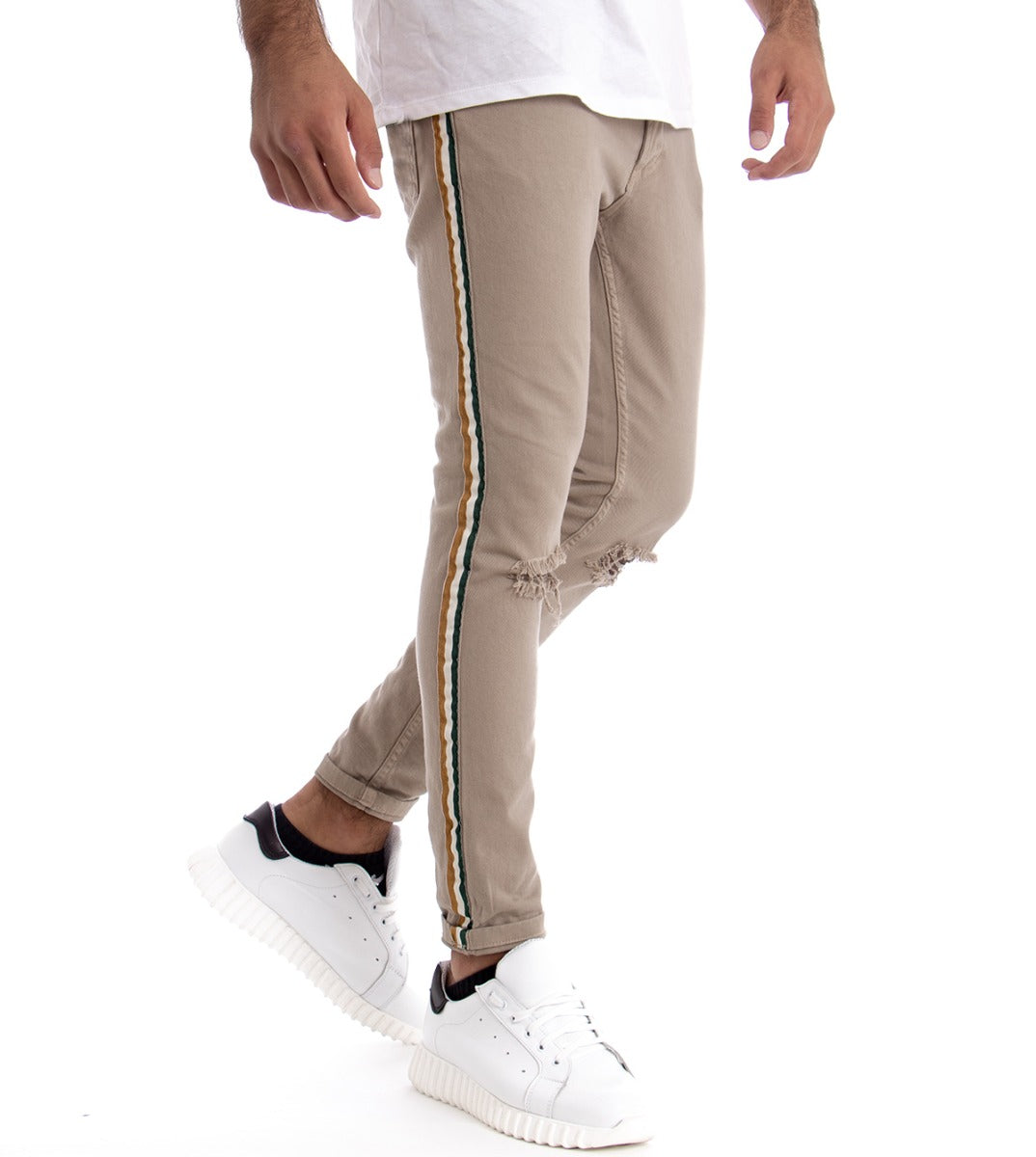 Pantaloni Jeans Uomo Slim Fit Beige Con Taglio Al Ginocchio Cinque Tasche Casual GIOSAL-P2445A