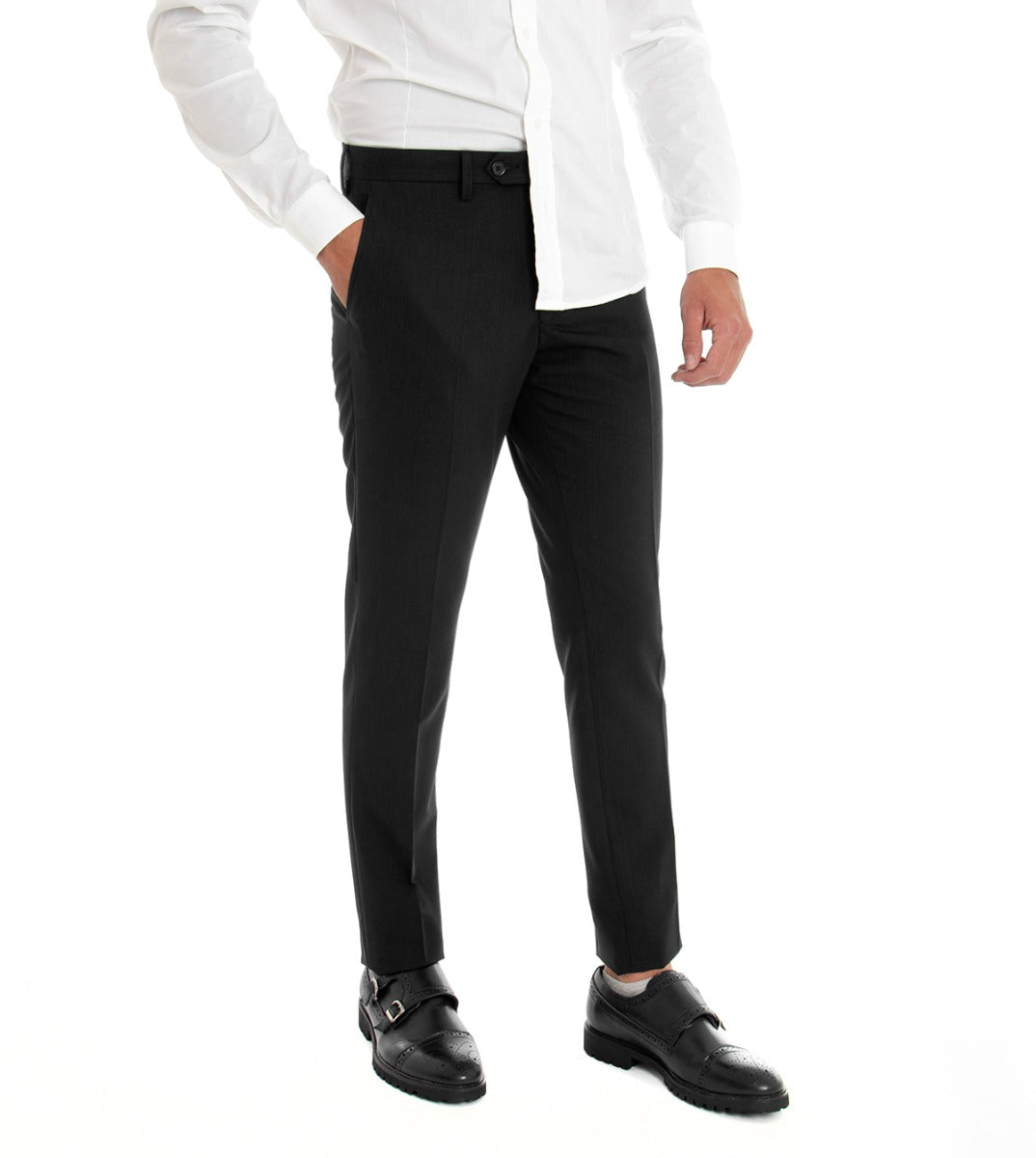 Pantaloni Uomo Tasca America Lungo Classico Elegante Slim Tinta Unita Nero GIOSAL-P2949A
