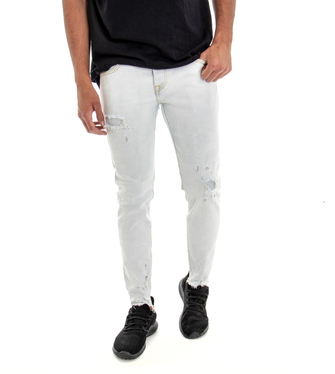 Pantaloni Jeans Uomo Slim Fit Denim Chiaro Con Rotture Casual GIOSAL-P2954A