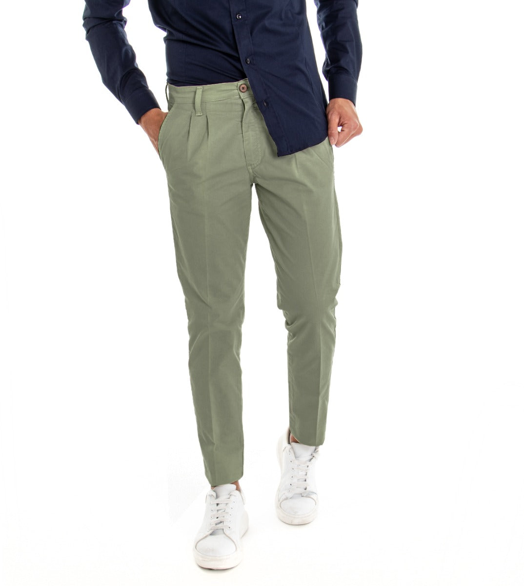 Classic Long Men's Trousers Solid Color Green Pleats America Pocket GIOSAL