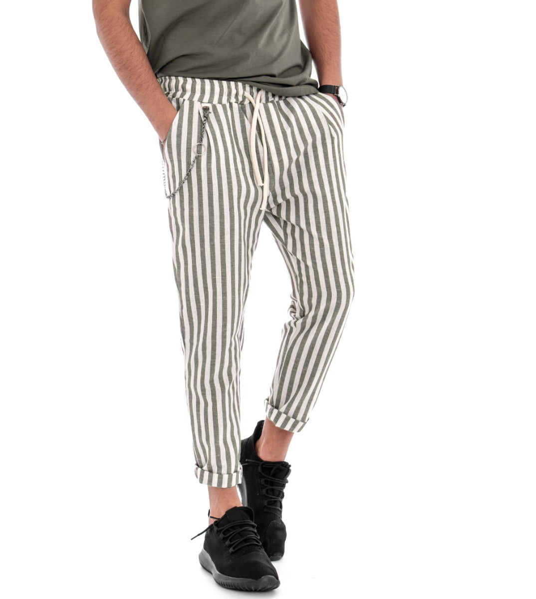 Men's Linen Trousers Striped Elastic Low Crotch Green Casual Tracksuit Trousers GIOSAL