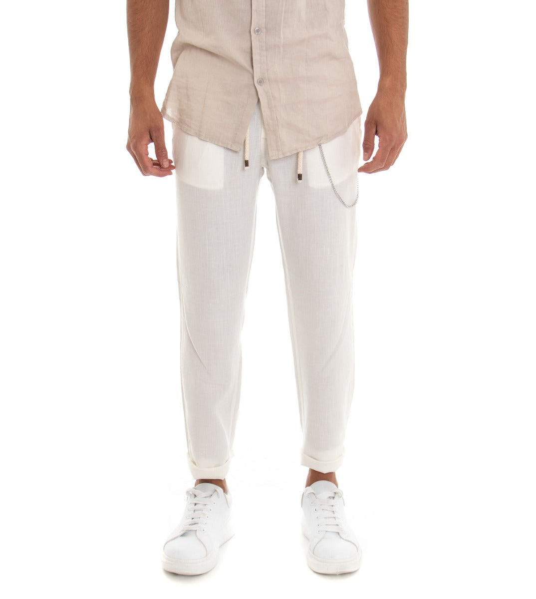 Equipe Men's Trousers Solid Color White Linen Drawstring GIOSAL