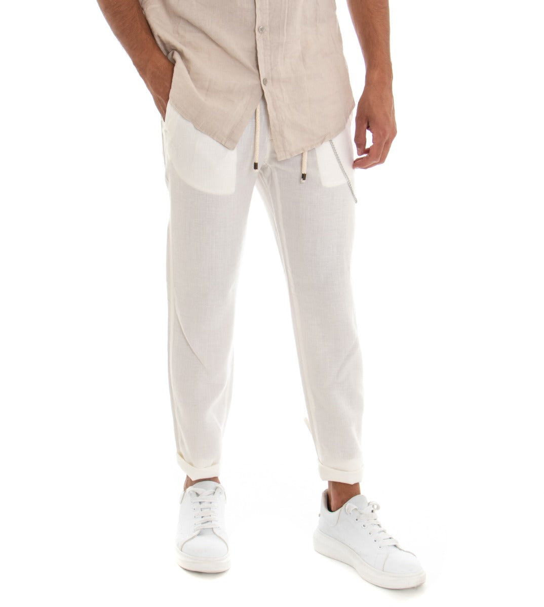 Equipe Men's Trousers Solid Color White Linen Drawstring GIOSAL