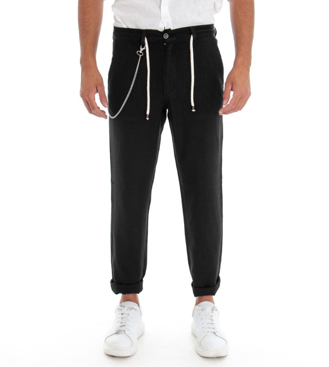 Equipe Men's Trousers Solid Color Black Linen Drawstring GIOSAL