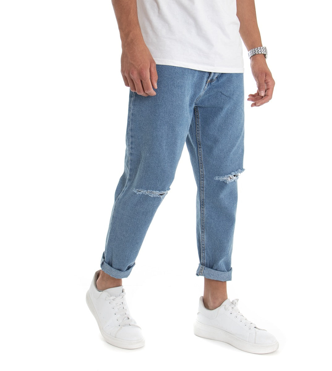 Pantaloni Jeans Uomo Loose Fit Denim Taglio Al Ginocchio Cinque Tasche Casual GIOSAL-P3018A