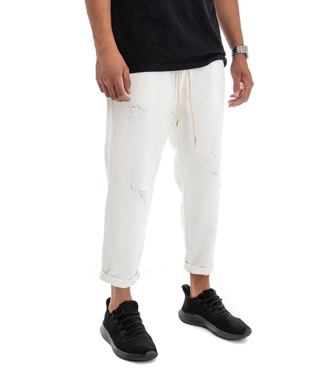 Pantaloni Jeans Uomo Regular Fit Bianco Pantalaccio Bull Con Rotture Casual GIOSAL-P3037A