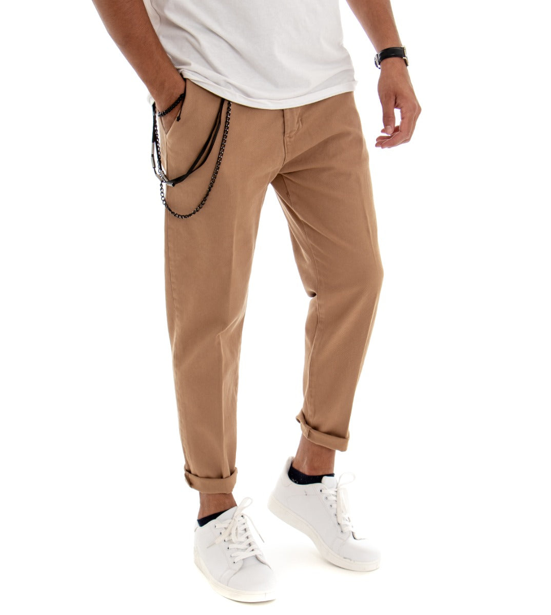 Pantaloni Uomo Tasca America Jeans Tinta Unita Camel Abbottonatura Allungata GIOSAL-P3057A