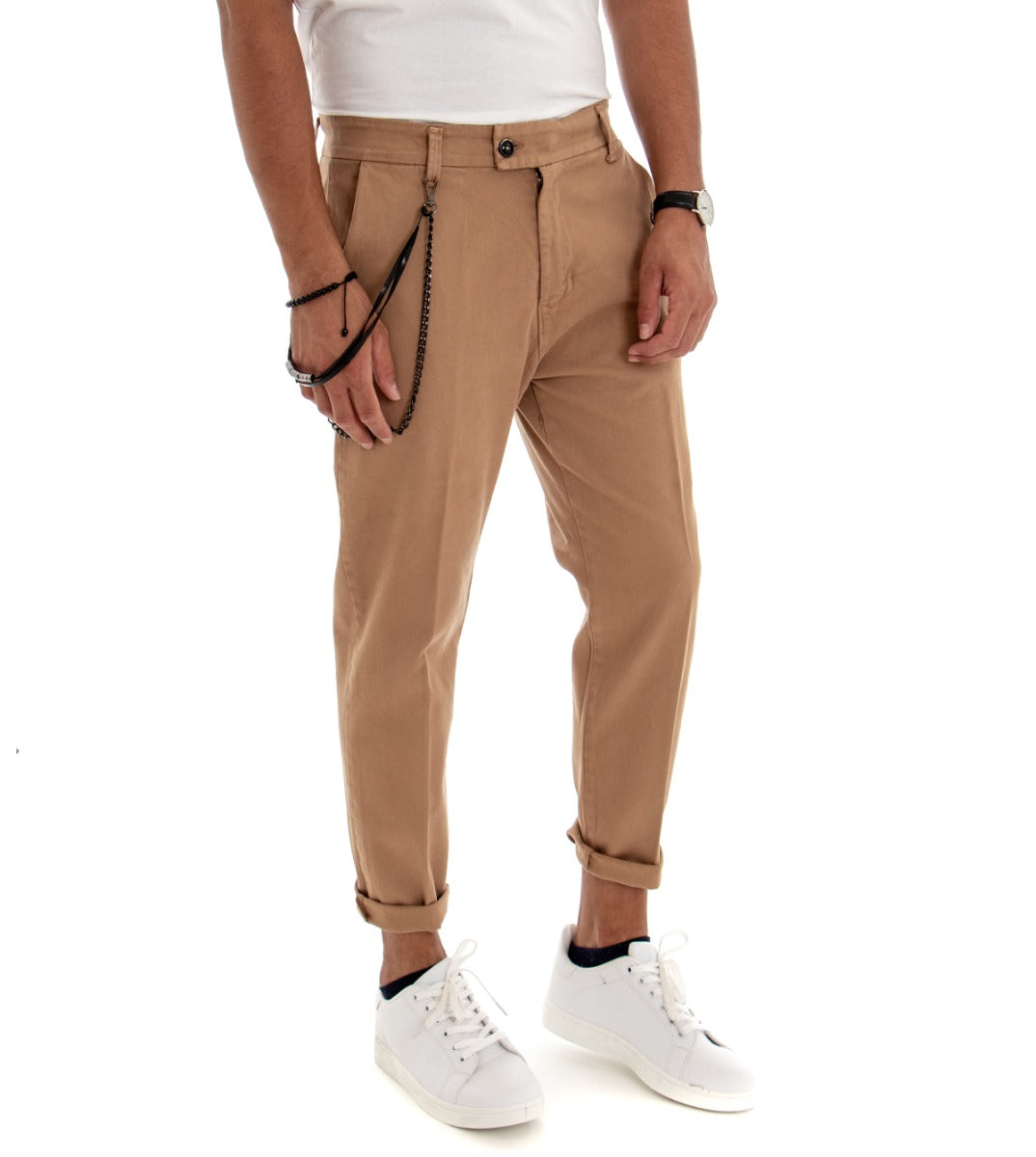 Pantaloni Uomo Tasca America Jeans Tinta Unita Camel Abbottonatura Allungata GIOSAL-P3057A