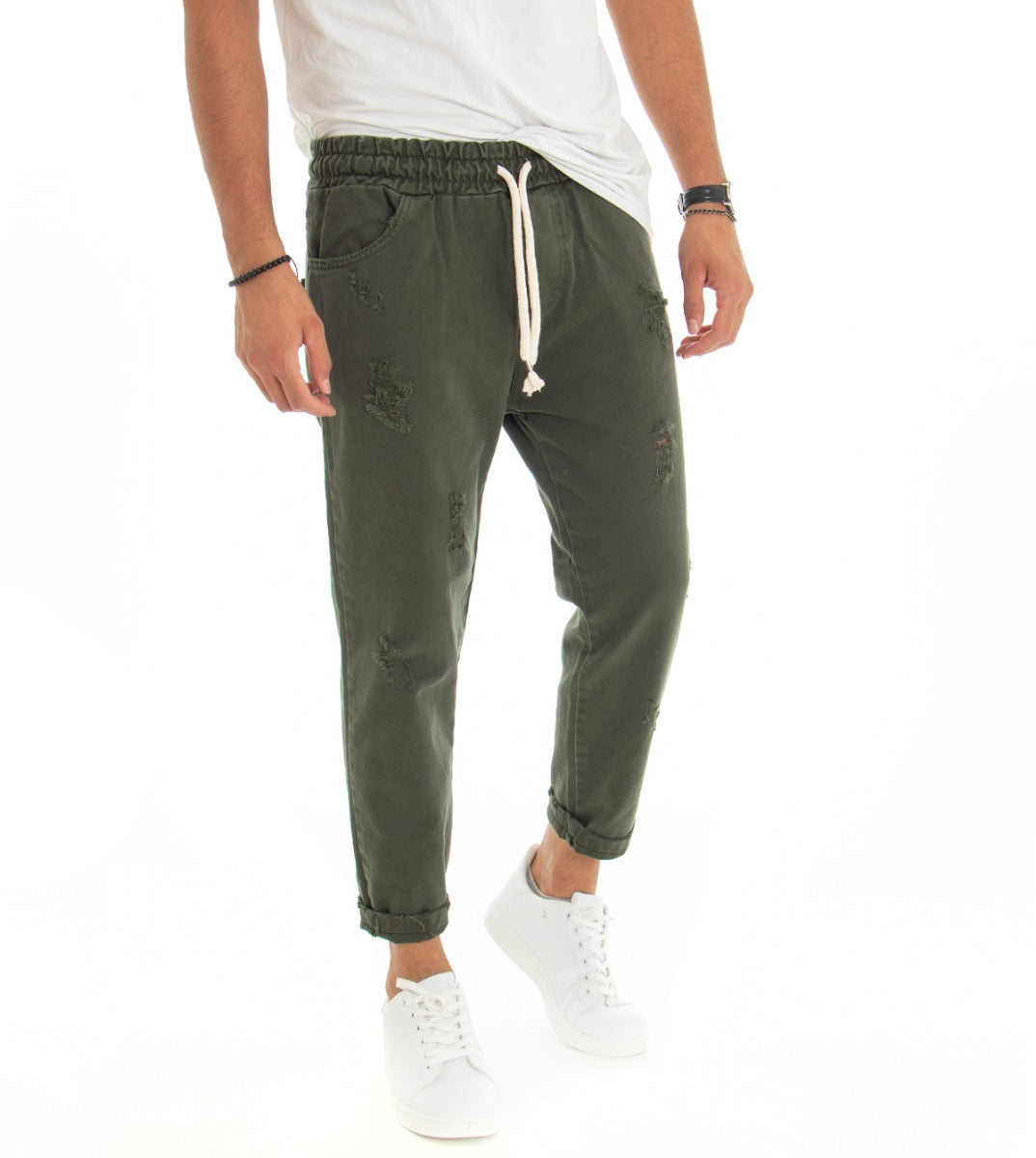 Men's Jeans Trousers Regular Fit Green Bull Trousers With Casual Rips GIOSAL-P3068A