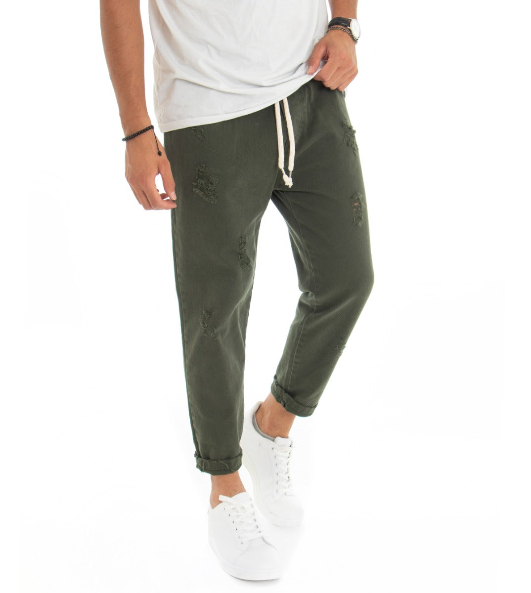 Men's Jeans Trousers Regular Fit Green Bull Trousers With Casual Rips GIOSAL-P3068A