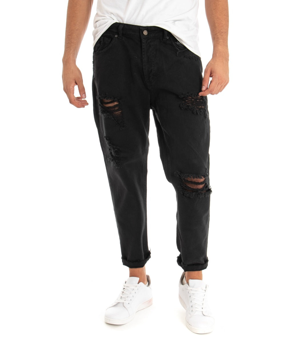 Men's Loose Fit Black Jeans Trousers With Rips Five Casual Pockets GIOSAL-P3278A
