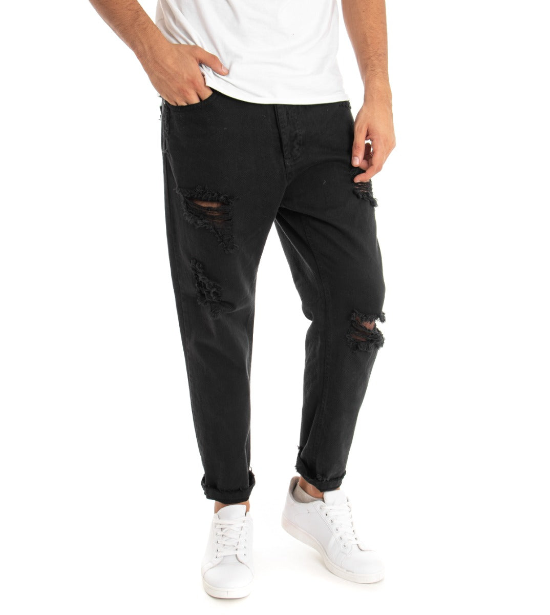 Pantaloni Jeans Uomo Loose Fit Nero Con Rotture Cinque Tasche Casual GIOSAL-P3278A