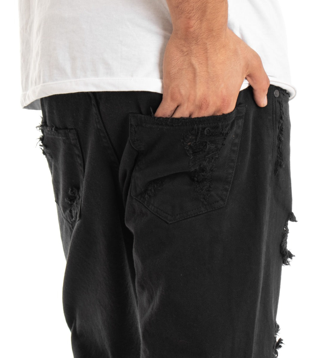 Pantaloni Jeans Uomo Loose Fit Nero Con Rotture Cinque Tasche Casual GIOSAL-P3278A