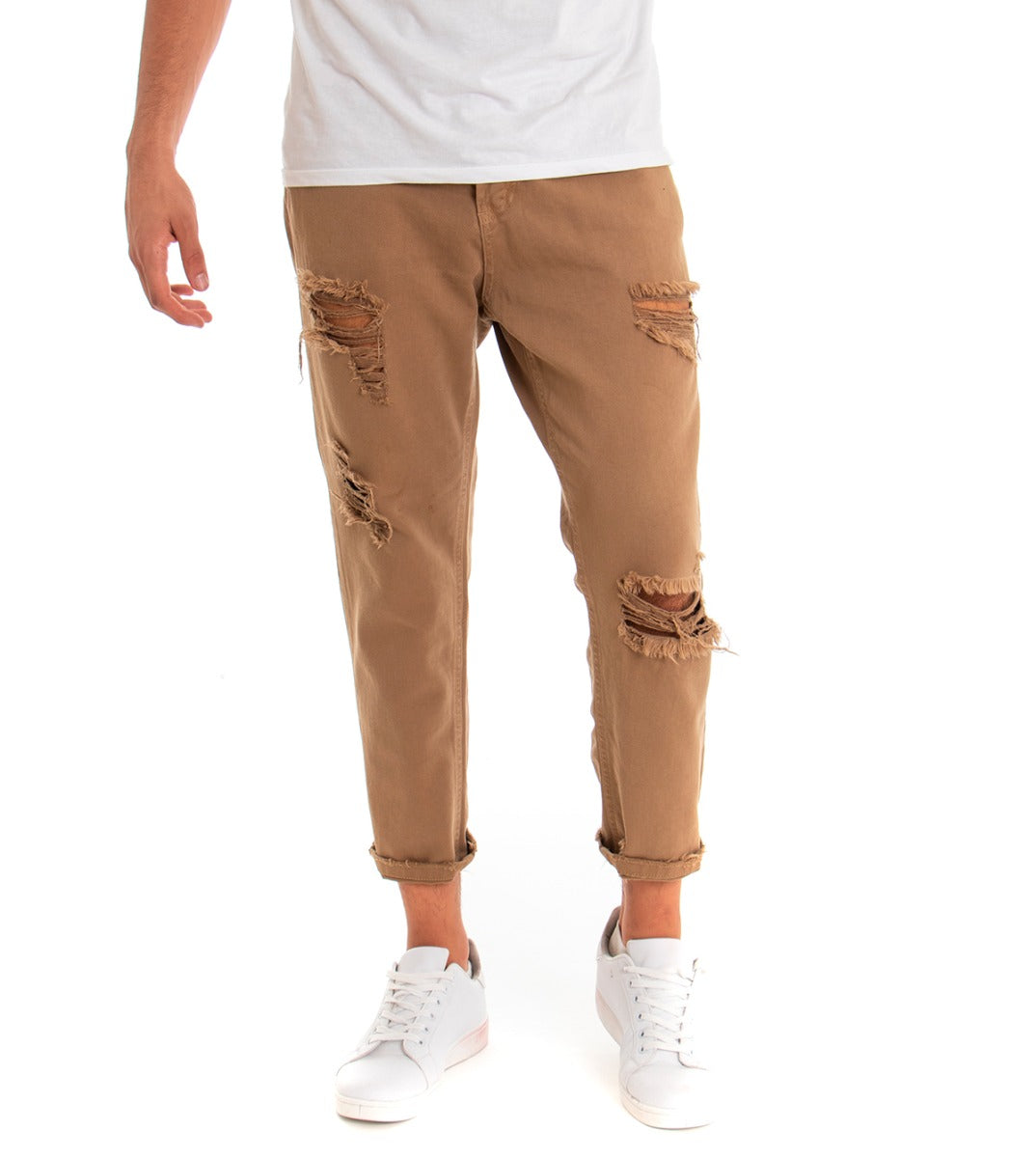 Men's Jeans Trousers Loose Fit Camel With Rips Five Casual Pockets GIOSAL-P3279A