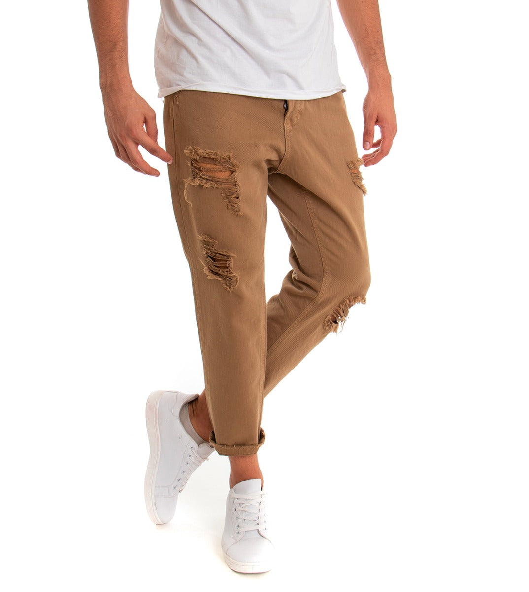 Pantaloni Jeans Uomo Loose Fit Camel Con Rotture Cinque Tasche Casual GIOSAL-P3279A