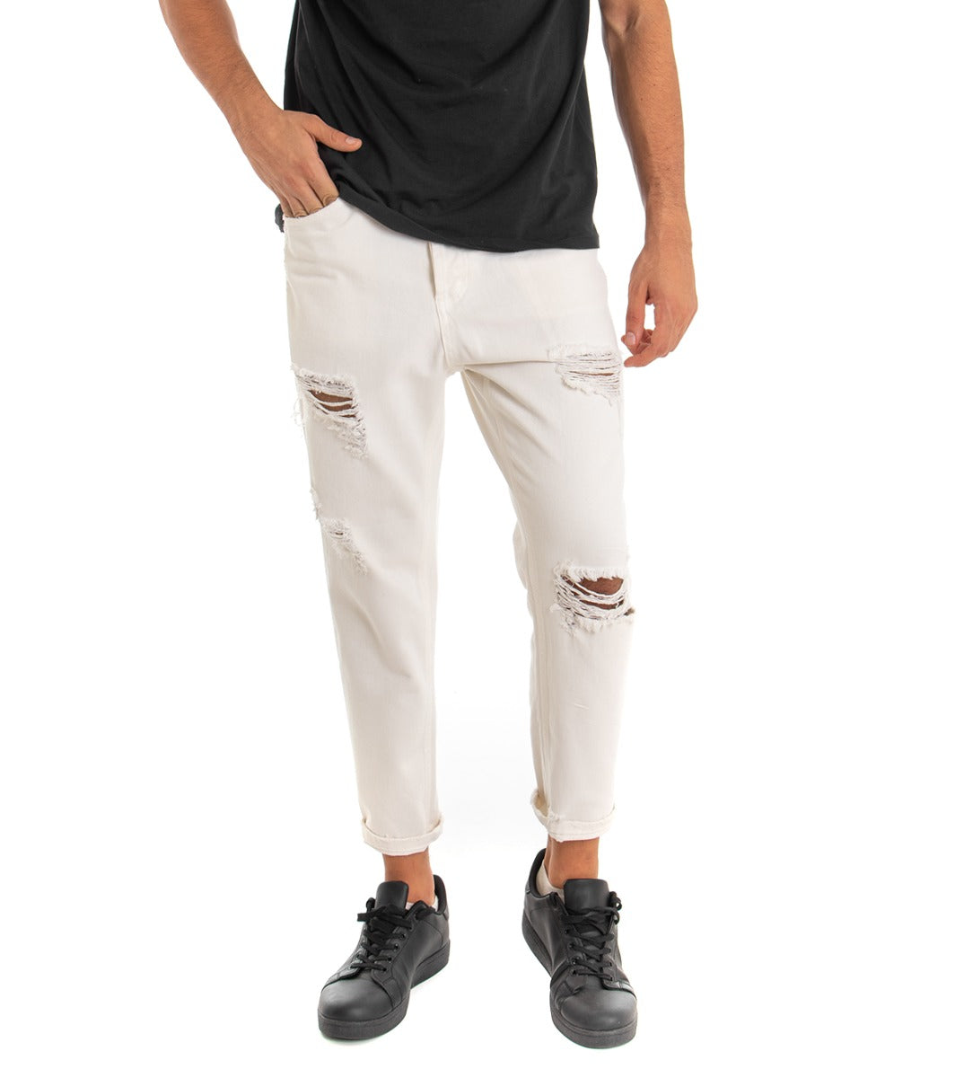 Men's Jeans Trousers Loose Fit Cream With Rips Five Casual Pockets GIOSAL-P3280A