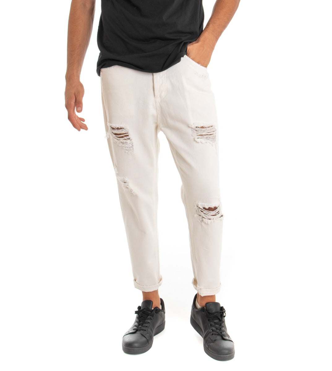 Pantaloni Jeans Uomo Loose Fit Panna Con Rotture Cinque Tasche Casual GIOSAL-P3280A