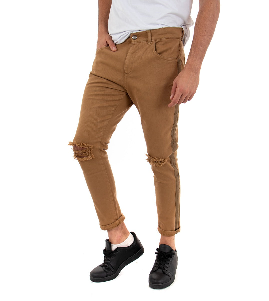 Pantaloni Jeans Con Taglio Al Ginocchio Uomo Slim Fit Camel Casual GIOSAL-P3321A