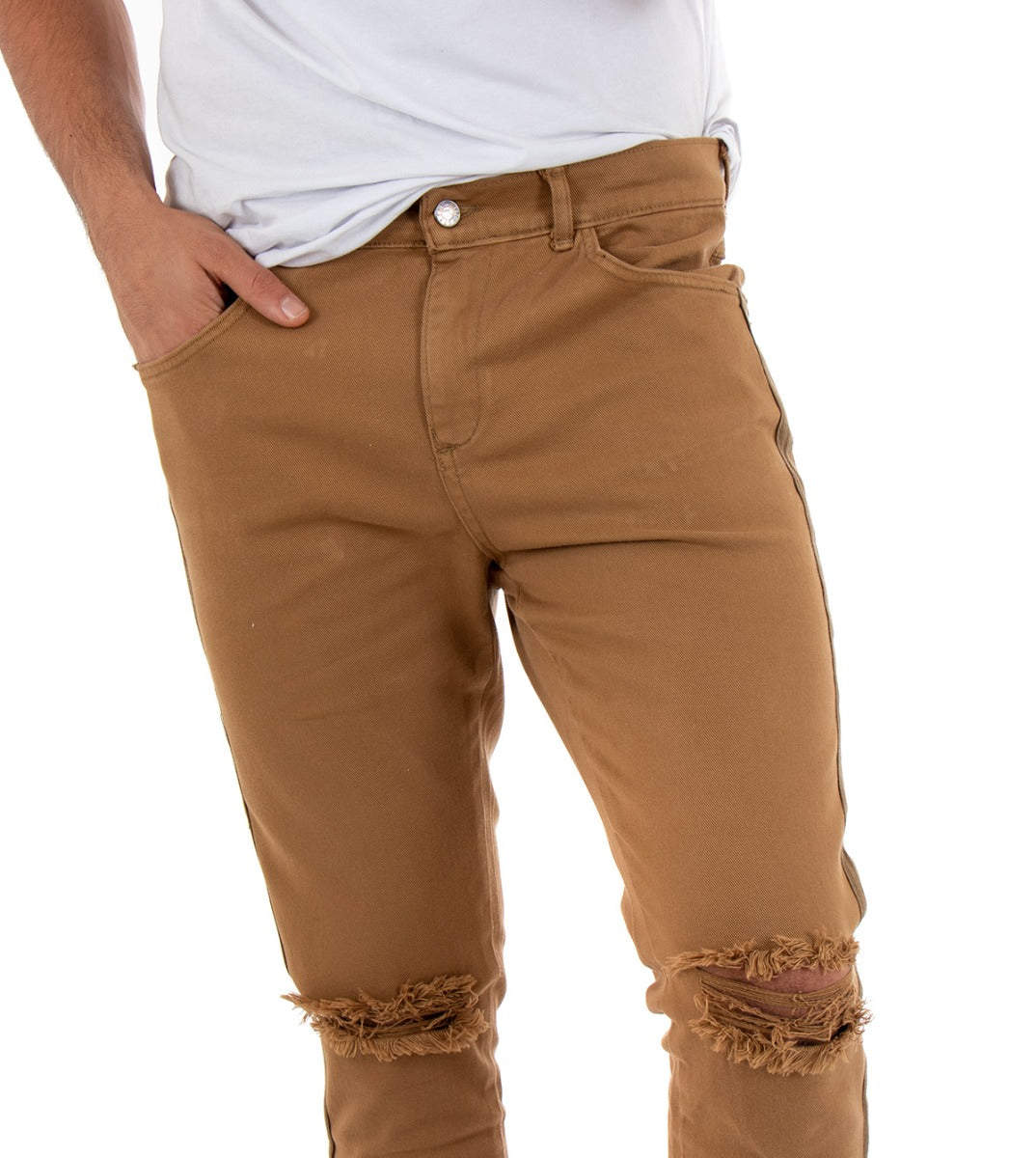 Pantaloni Jeans Con Taglio Al Ginocchio Uomo Slim Fit Camel Casual GIOSAL-P3321A