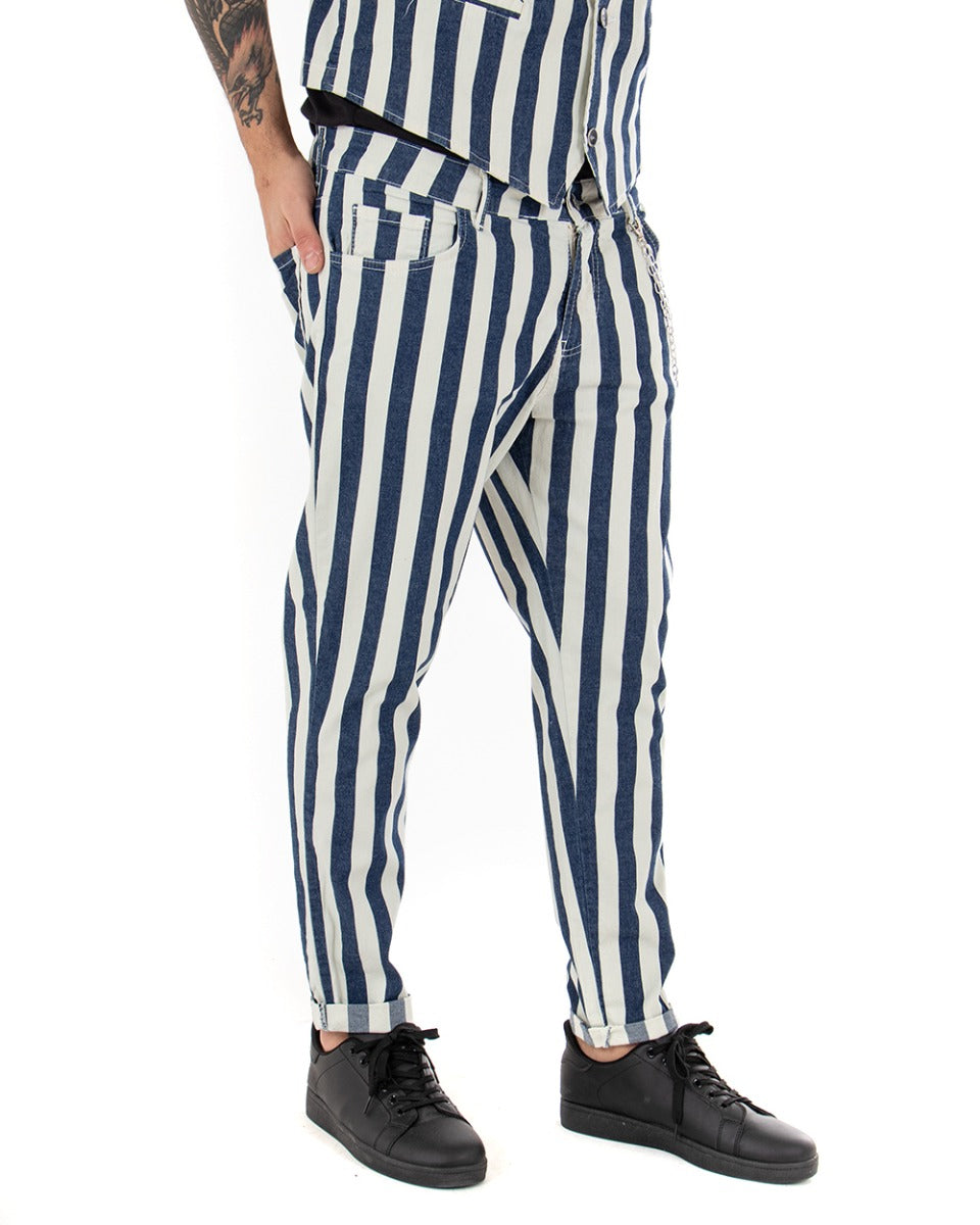 Men's Long Five Pockets Striped Blue White Casual Trousers GIOSAL