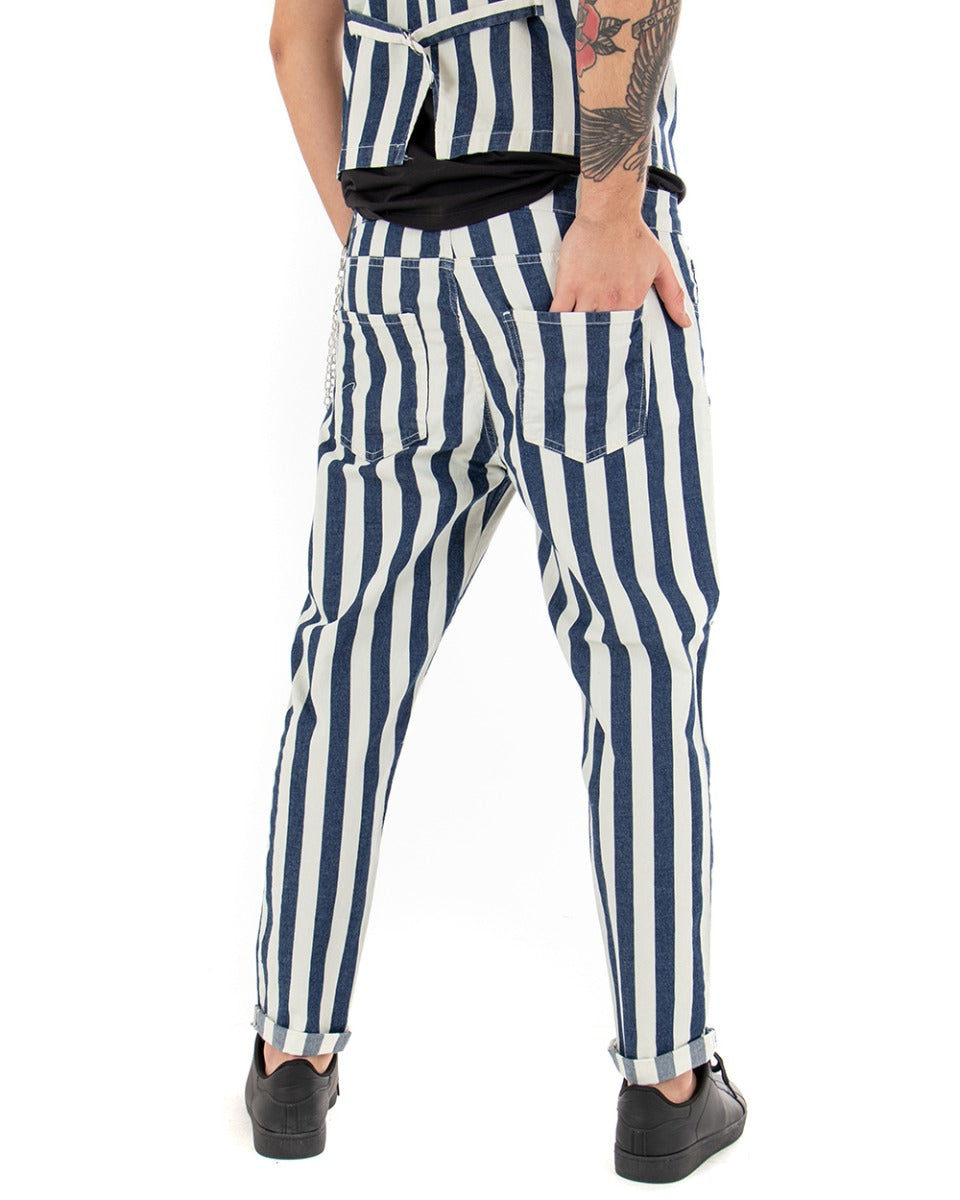 Men's Long Five Pockets Striped Blue White Casual Trousers GIOSAL
