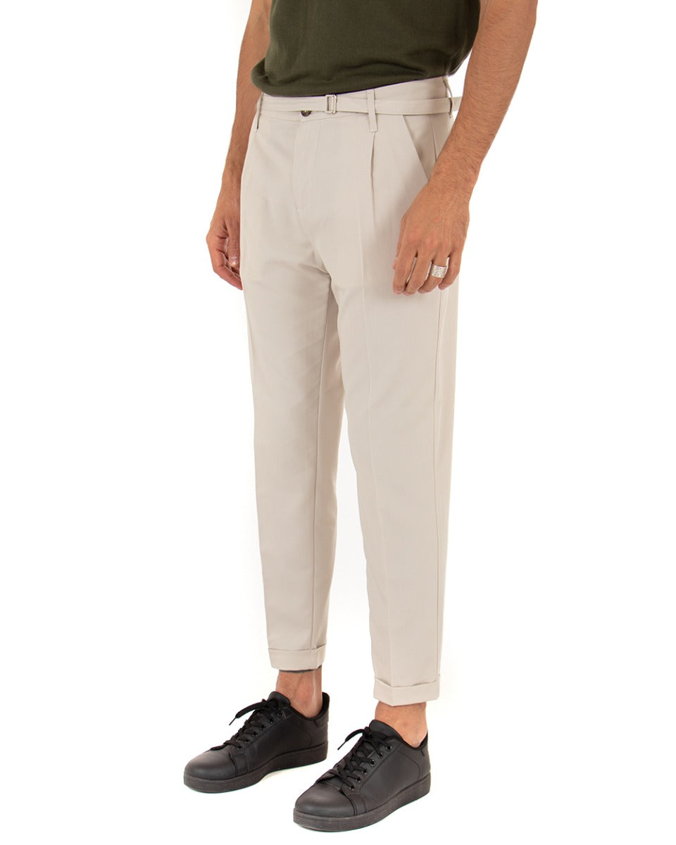 Pantaloni Uomo Tasca America Con Pinces Fibbia Tinta Unita Beige Slim Casual Classico GIOSAL-P3519A