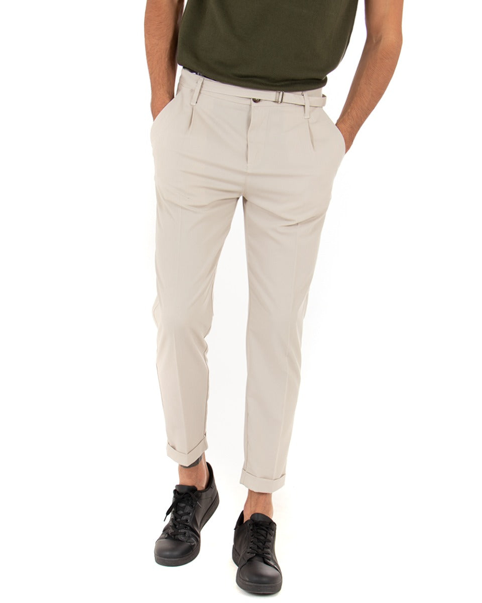 Men's Long Solid Color Beige Slim Casual Classic Trousers GIOSAL