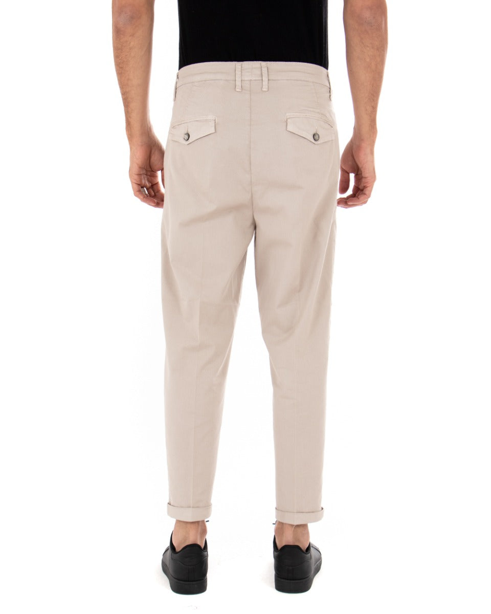 Pantaloni Uomo Tasca America Con Pinces Abbottonatura Allungata Beige Casual Elegante GIOSAL-P3569A