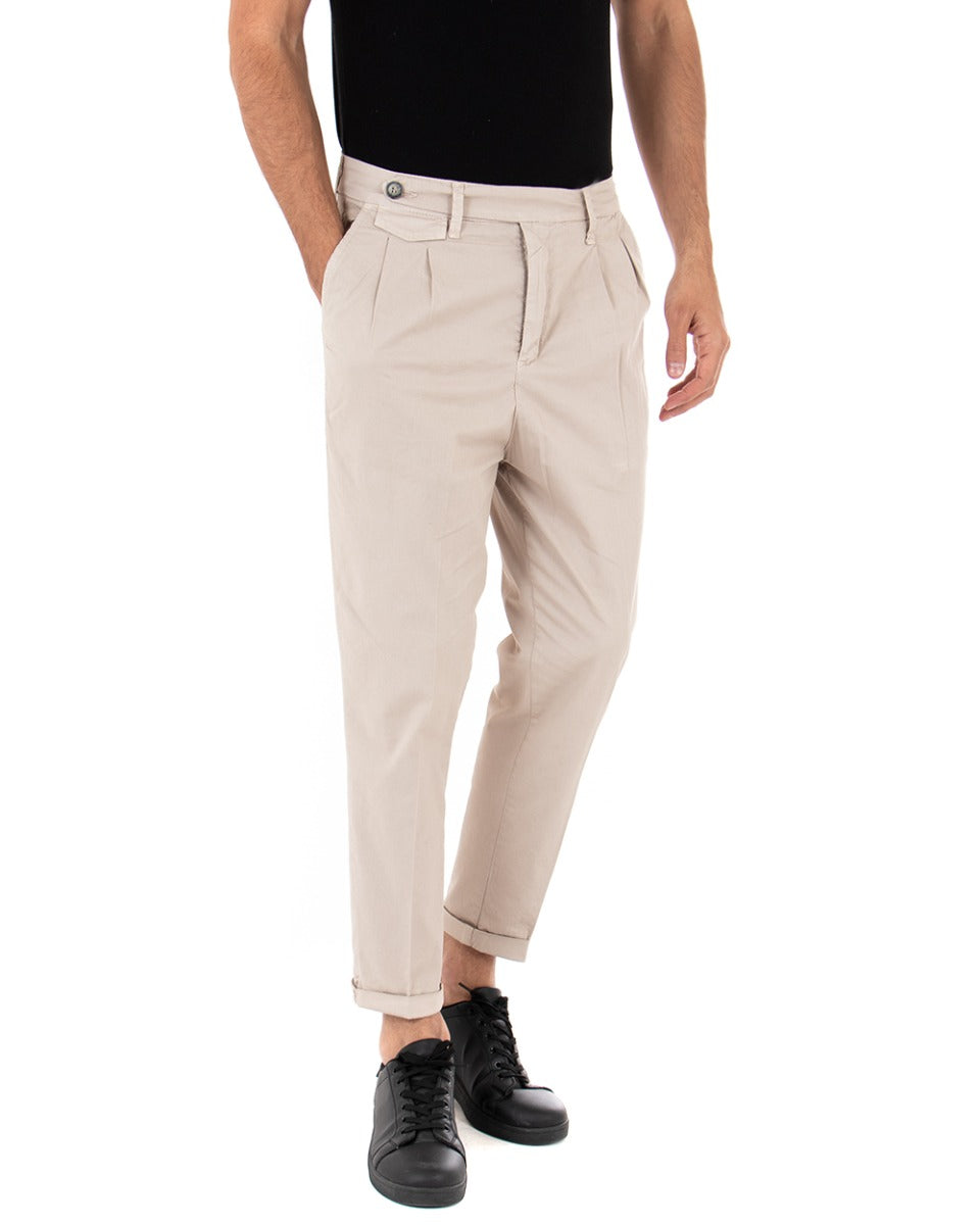 Pantaloni Uomo Tasca America Con Pinces Abbottonatura Allungata Beige Casual Elegante GIOSAL-P3569A