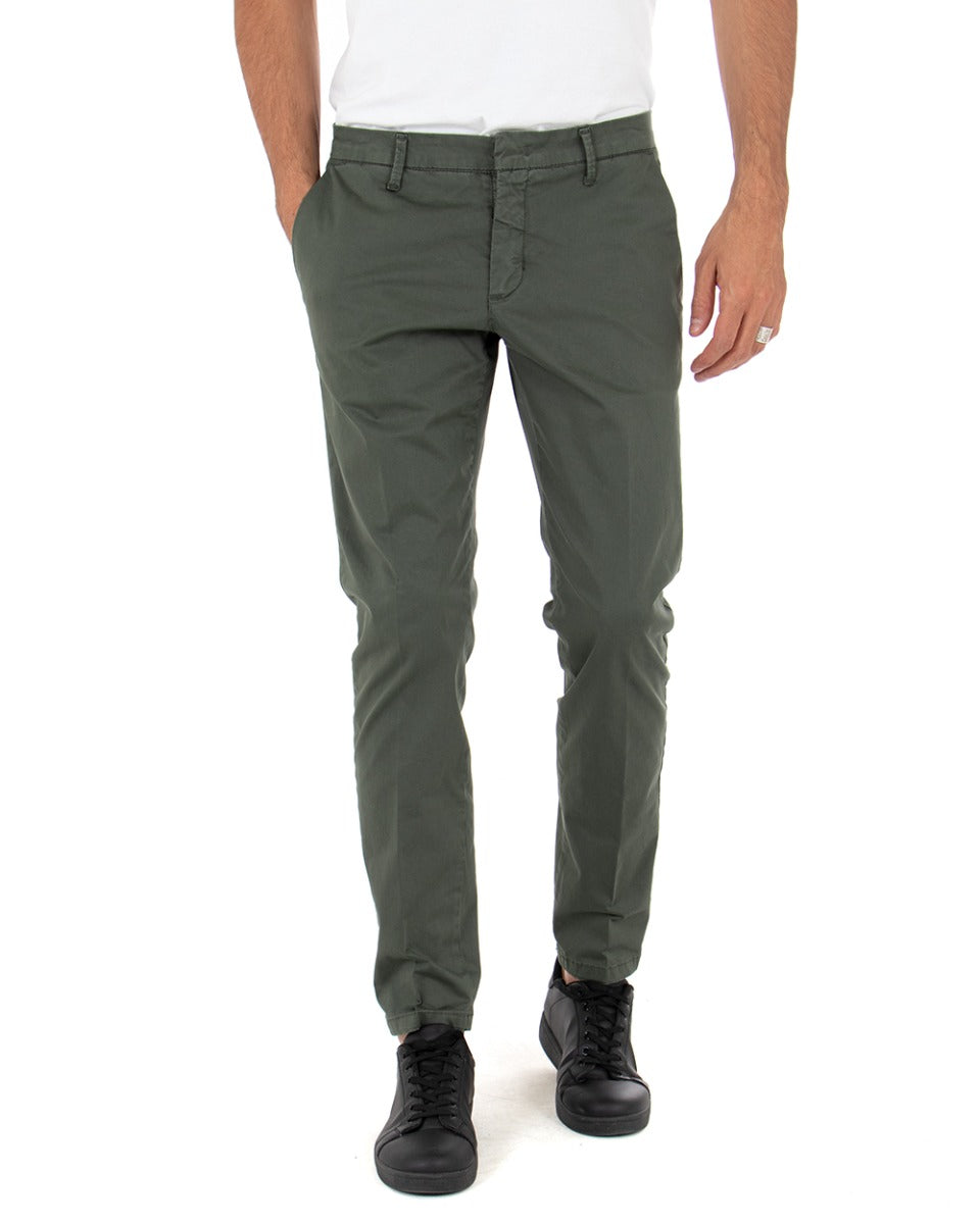 Pantaloni Uomo Slim Tasca America Tinta Unita Verde Abbottonatura Nascosta GIOSAL-P3589A